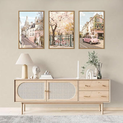 Ausril Italy Pink Cityscape Framed Canvas Wall Art Set, Romantic Flower Street Wall Decor, Vintage Travel City Wall Painting, Italian Pink Bike Art Prints for Living Room, Bedroom, Office - 24"X36"X3