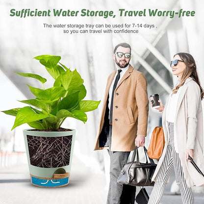 Indoor Self Watering Planters with Drainage Holes and Saucers, 8, 7, 6.5, 6, 5.5, 5 Inches, 6 Pots（Green+Brown
