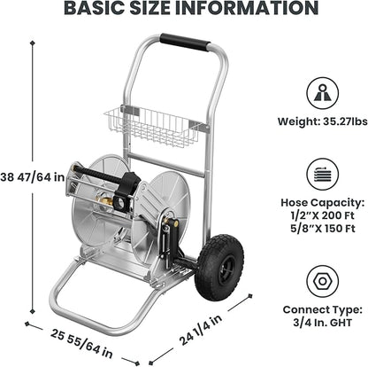 Giraffe Tools Garden Hose Reel Cart with Wheels, Stainless Steel Heavy Duty Water Hose Reel Cart, 200 ft of 1/2 Capacity, Mobile for Outside