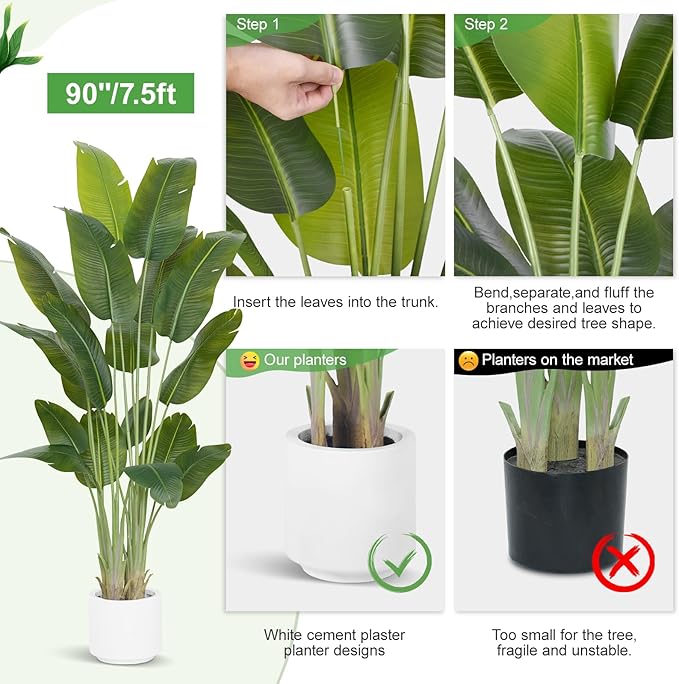 Artificial Bird of Paradise Plant 7.5Ft Tall Fake Tropical Palm Tree Large Fake Plants with 18 Silk Banana Leaves Faux Plant Indoor Decor Trees White Pot for Home Bedroom Living Room Office 2pcs