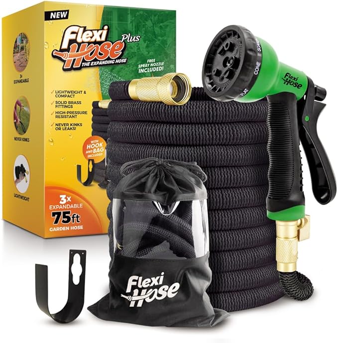 Flexi Hose Plus Expandable Garden Hose with 8 Function Nozzle, 75FT - Lightweight Retractable Garden Hose, Water Hose - No-Kink Flexibility, 3/4 Inch Solid Brass Fittings Includes Hook & Bag