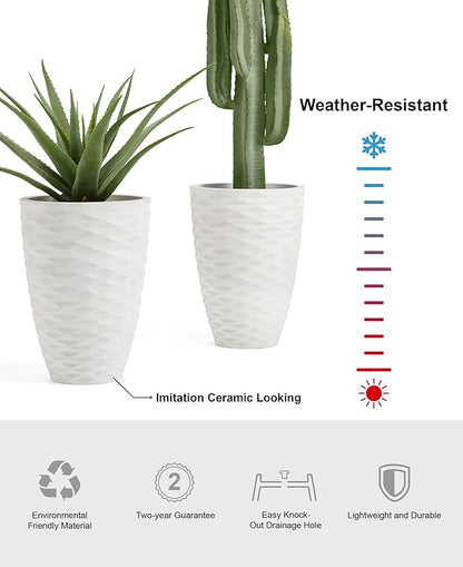 Glitzhome Oversized Planters Set of 2,Tall Flower Pots with Drainage Hole,19" H Faux Ceramic Wave Textured White Planter,Large Planters for Outdoor Plants,Outdoor Planter for Front Porch Patio Deck