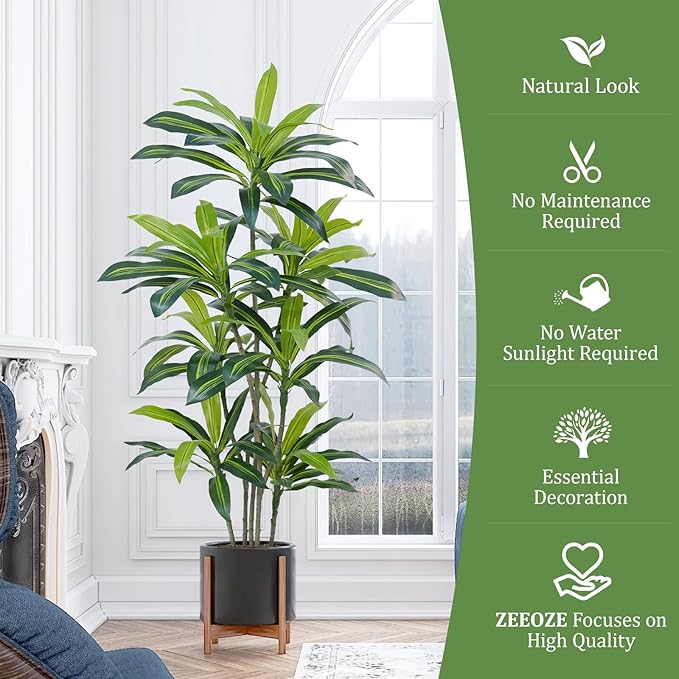 6Ft Dracaena Plant Artificial Tree Fake Tropical Floor Plants Potted (Real Touch) Artificial Silk Tree Leaf Faux Trees Black Tall Planter for Home Office Living Room Indoor Outdoor Decor（1Pack）