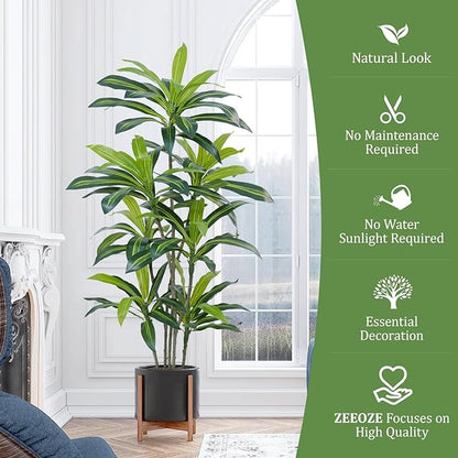 6Ft Dracaena Plant Artificial Tree Fake Tropical Floor Plants Potted (Real Touch) Artificial Silk Tree Leaf Faux Trees Black Tall Planter for Home Office Living Room Indoor Outdoor Decor（1Pack）