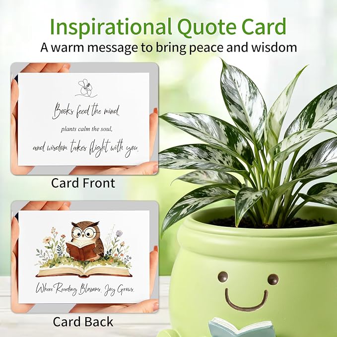 Book Lover Gift Set - Cute Reading Planter Pot with Positive Crochet Owl & Quote Card, Cozy Desk Decor for Teachers, Librarians, Women, Colleague, Friends