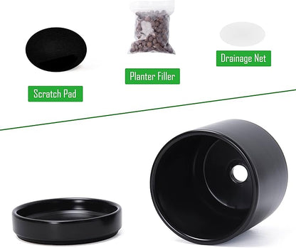 D'vine Dev Set of 3 Plants Pots, 3.5 Inch Ceramic Planter Pot for Plants with Drainage Hole and Saucer, Black, 94-N-A-2
