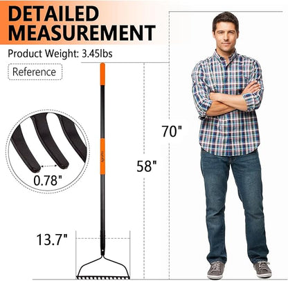 Garden Rake for Lawn Heavy Duty, 14 Tines Metal Rake with Thick Fiberglass Handle, 58 Inches