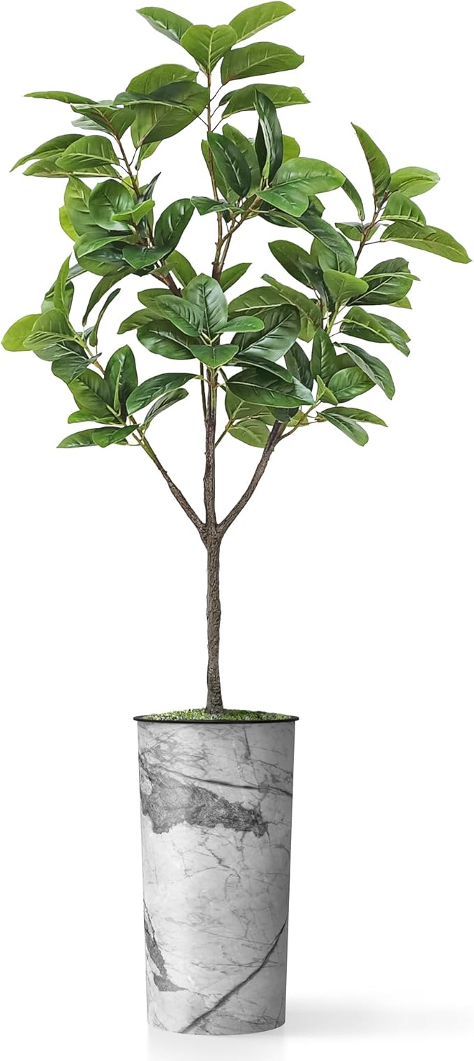 Artificial Tree in Gray Marble Effect Planter, Fake Magnolia Tree for Indoor and Outdoor Home Decoration - 70" Overall Tall (Plant Pot Plus Tree)