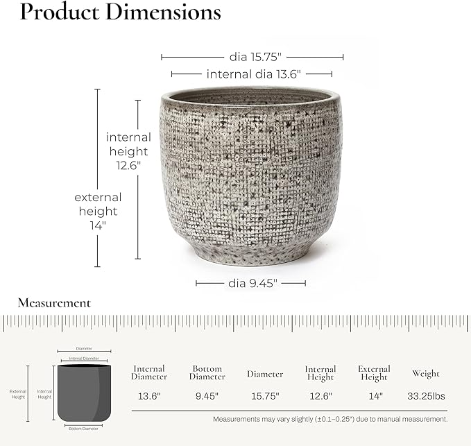 LuxenHome 15.5-Inch Dia Round Ceramic Planter Pot for Outdoor Plants, Gray Grid-Pattern Glazed Large Ceramic Plant Pot with Drainage Hole and Rubber Plug, Indoor Flower Pots for Home Garden Patio