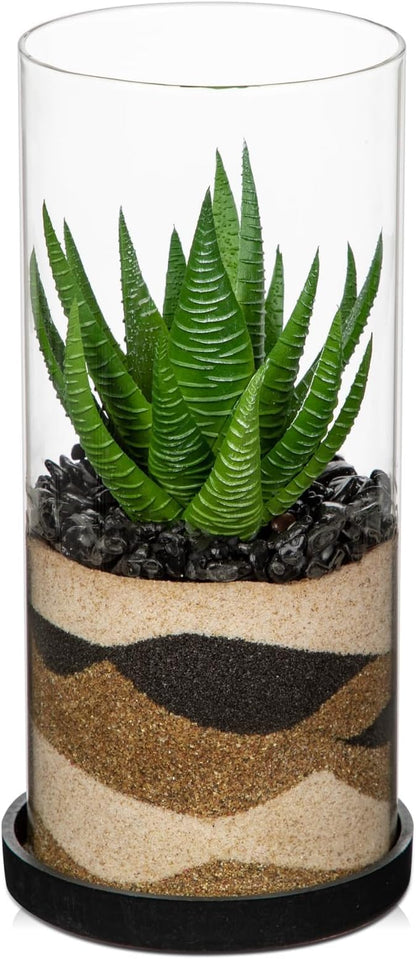 Artificial Succulent in Cylindrical Glass Vase Fake Aloe Plant with Modern Glass Terrarium for Home Decor Farmhouse Hostess Gift
