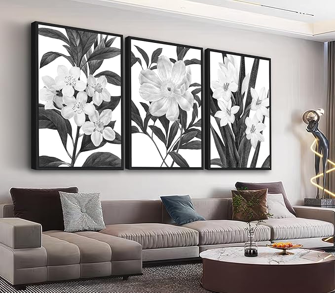Large Framed Flower Wall Art - Blooming Floral Wall Decor 24"x36" Set of 3 Black and White Painting Prints Vintage Botanical Canvas Pictures for Living Room Bedroom Office Artwork