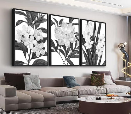Large Framed Flower Wall Art - Blooming Floral Wall Decor 24"x36" Set of 3 Black and White Painting Prints Vintage Botanical Canvas Pictures for Living Room Bedroom Office Artwork