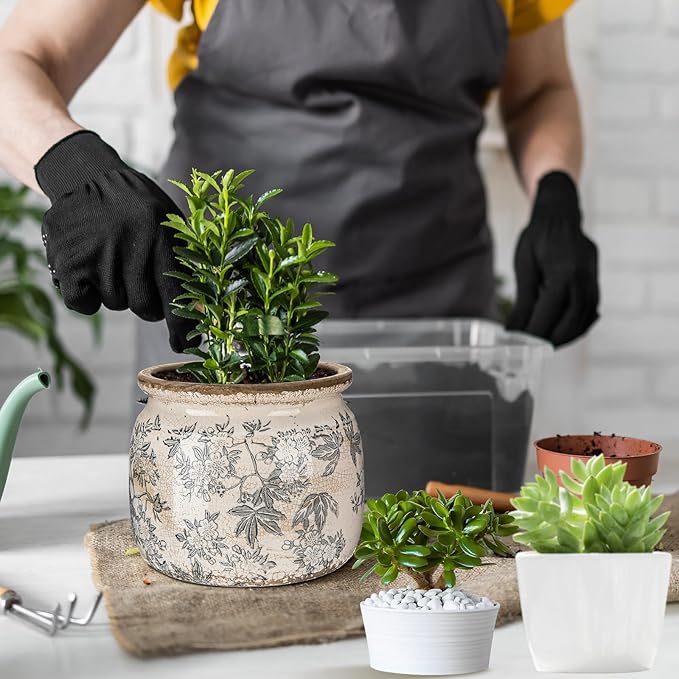 7.7" Large Vintage Ceramic Plant Pot with Baroque Floral Pattern Beige Gray Rustic Planter with Ice Crackle Glaze & Drainage Hole for Indoor Outdoor Plants Home Office Kitchen Decor Gift
