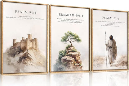 Jesus Christ Bible Verse Framed Canvas Wall Art Set,Christian Religious Faith Bible Story Wall Decor,Watercolor Easter Scripture Artwork for Church,Prayer Room,Living Room-16"x24"x3