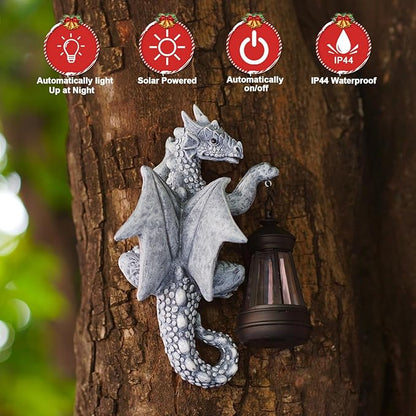Goodeco Dragon Tree Hugger Solar Lantern Garden Statue - 9.3 Inch Resin Dragon Decor for Outdoor, Perfect Garden Gift & Yard Decor