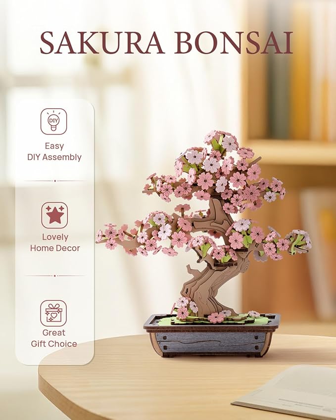 Rowood 3D Wooden Puzzles for Adults,DIY Cherry Blossom Bonsai Tree Botanical Collection Building Set,Craft Kit Gift for Adults on Christmas Birthday ThanksgivingDay-Sakura Bonsai