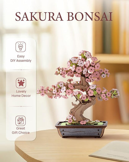 Rowood 3D Wooden Puzzles for Adults,DIY Cherry Blossom Bonsai Tree Botanical Collection Building Set,Craft Kit Gift for Adults on Christmas Birthday ThanksgivingDay-Sakura Bonsai