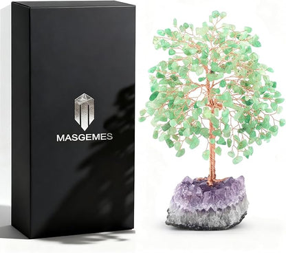 Crystal Tree of Life,Natural Green Aventurine (406 Beads Count) Amethyst Cluster Base, Positive Energy Feng Shui Gem Bonsai Money Tree Good Luck,Gift Size 8.5-9 Inches