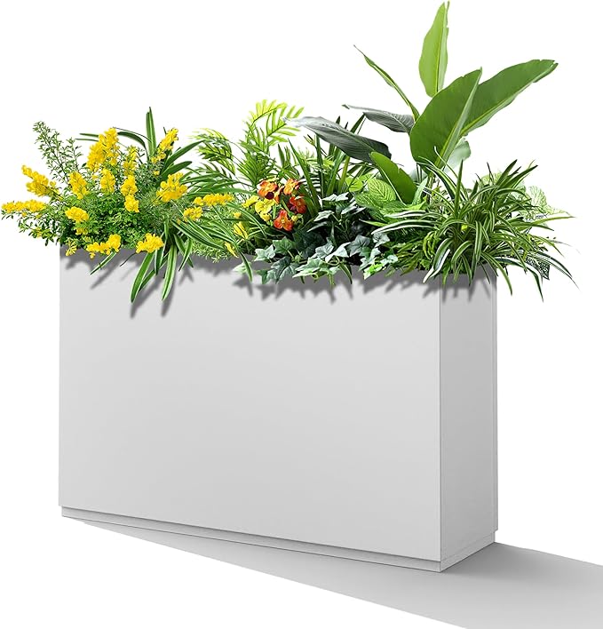 Large Metal Planters for Outdoor Plants, Tall Rectangular Outdoor Planter Box for Patio, Garden, with Drainage Holes (35" L x 9" W x 26" H, White)
