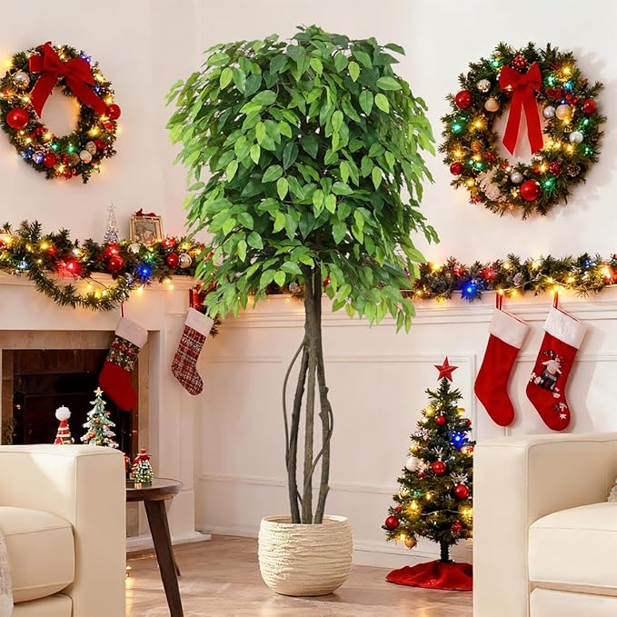 5ft Artificial Ficus Trees for Home Indoor Decor,Faux Banyan Plant with Nearly Natural Leaves Curved Trunks Fake Green Lifelike Tree for Living Room Office Garden Christmas New Year Decor