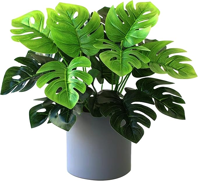 Artificial Monstera Plants, 10-inch Artificial Monstera Palm Trees, Faux Tropical Green Plant Stems for Decoration - 2 Plants
