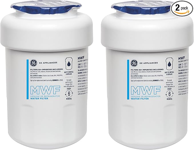 GE MWF Refrigerator Water Filter, Genuine Replacement Filter, Certified to Reduce Lead, Sulfur, and 50+ Other Impurities, Replace Every 6 Months for Best Results, Pack of 2