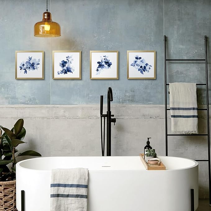 ArtbyHannah Framed Bathroom Wall Decor, Navy Blue Wall Art with Gold Frame and Watercolor Floral Prints Pictures for Kitchen Bedroom Home Decorations (4 Pack, 10x10 Inch)
