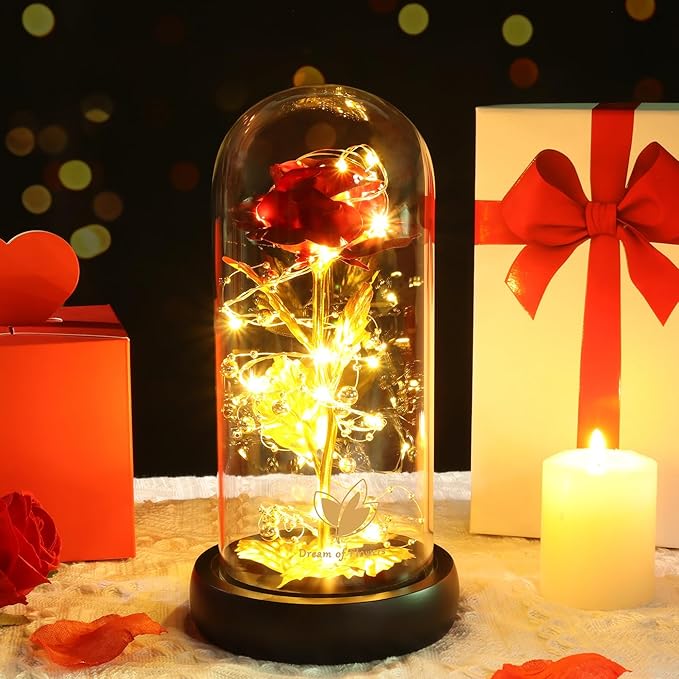 Valentines Rose Gifts for Her Birthday Gifts for Women Valentines Flower Galaxy Glass Rose with 2 Light Modes Forever Eternal Colorful Gold Foil Rose in Glass Dome,Anniversary Valentines Women Gifts
