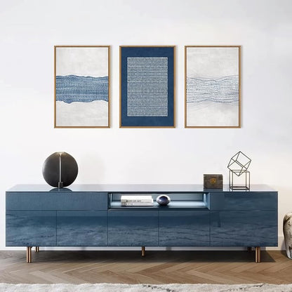 Aryroi Large Abstract Navy Blue and White Framed Canvas Wall Art,Minimalist Boho Waves Lines Wall Decor,Modern Mid Century Artwork,Neutral Geometric Art Print for Living Room,Bedroom,Office- 24"x36"x3