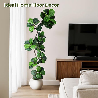 Articifial Fiddle Leaf Tree, 7ft Faux Plant Fake Ficus Lyrata Trees with White Planter & Moss, Artificial Fig Trees Floor Plants for House Office Living Room Indoor Decor, Housewarming Gift