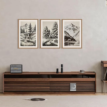 HOURIA Vintage Sketch Pine Tree Mountain Framed Canvas Wall Art Set,Moody Retro Antique Wilderness Botanical Ridge Decor,Modern Natural Black White Artwork for Living Room,Bedroom,Farmhouse- 24"x36"x3