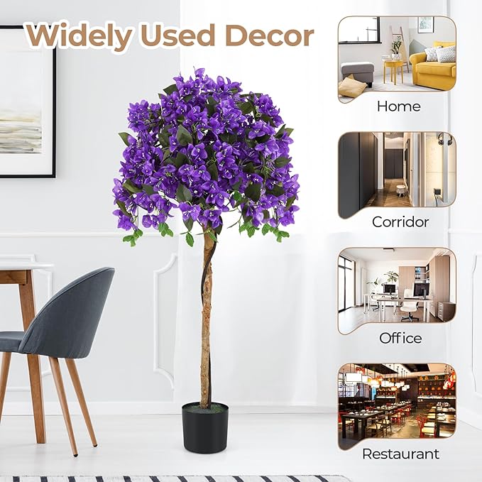 GOFLAME 53" Artificial Bougainvillea Tree, Faux Silk Flower Plant in Pot with 576 Flowers & 288 Leaves, Indoor Outdoor Fake Bougainvillea for Home, Office and Garden Decor, Purple