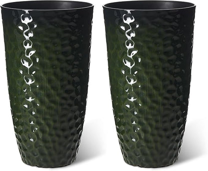 Glitzhome Set of 2 Tall Plastic Planters 23.75"H Eco-Friendly Honeycomb Textured Outdoor Indoor Garden Pots for Porch Patio, Large Modern Deck Plant Container with Easy Knock-out Drainage Holes, Green