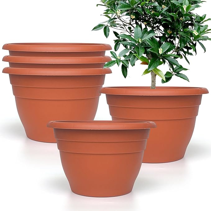 Plastic Terracotta Plant Pots Set of 5,10 Inch Flower Pots,Durable Lightweight Garden Planters with Drainage Hole for Indoor Outdoor Plants,Decor(Pottery Red)