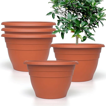 Plastic Terracotta Plant Pots Set of 5,10 Inch Flower Pots,Durable Lightweight Garden Planters with Drainage Hole for Indoor Outdoor Plants,Decor(Pottery Red)