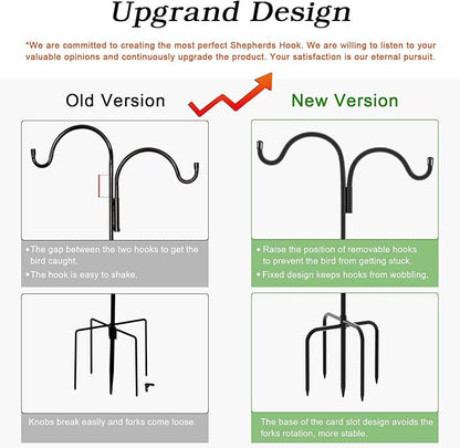 Gtongoko Double Shepherds Hook for Outdoor, 76 Inch Bird Feeder Pole with 5 Prongs Base, 5/8 Inch Thick Heavy Duty Adjustable Garden Hook for Hanging Plant, Lantern, Hummingbird Feeder, 1 Pack