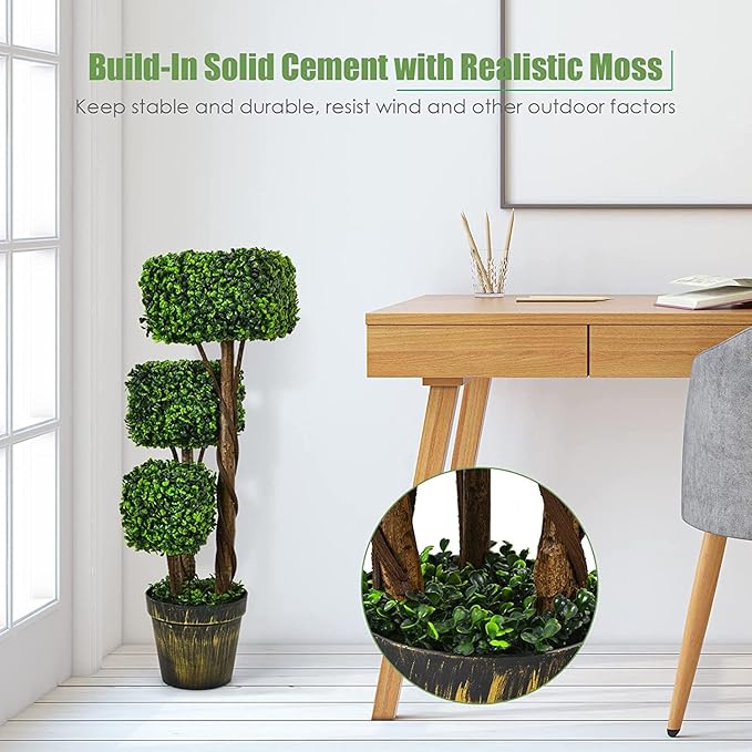 Goplus 36” 2 Pack Artificial Triple Square Shaped Boxwood Topiary Tree W/Cement-Filled Plastic Pot, Fake Plant Faux Greenery Plant Indoor & Outdoor Decoration for Home Office Garden Patio Entrance