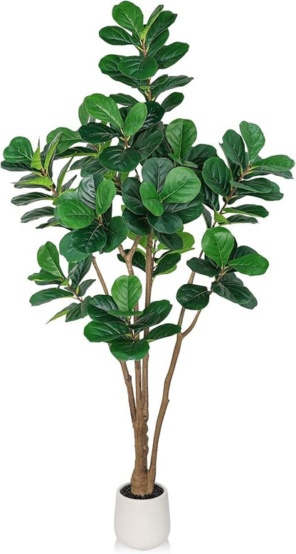 Artificial Fiddle Leaf Fig Tree with Thick Trunk and Emerald Leaves, 7 ft Faux Ficus Lyrata with White Planter & Black Pebble, Fake Ficus Tree for Living Dining Room Bedroom Indoor Decoration