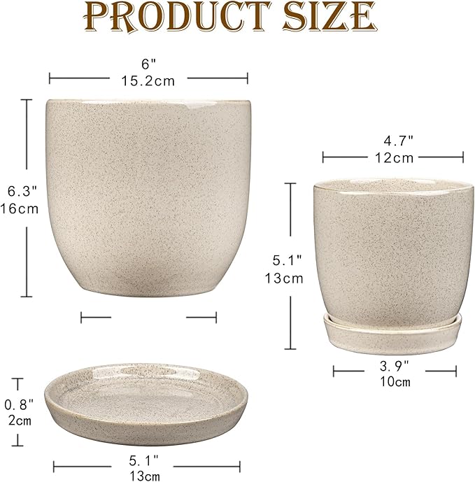Ceramic Plant Pots 6 Inch + 5 Inch Set of 2, Flower Plants Pot with Drainage Holes and Saucers Tray White Planter Garden Pot for Succulent Cactus Home Decoration Gift Indoor Outdoor