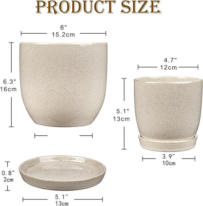 Ceramic Plant Pots 6 Inch + 5 Inch Set of 2, Flower Plants Pot with Drainage Holes and Saucers Tray White Planter Garden Pot for Succulent Cactus Home Decoration Gift Indoor Outdoor