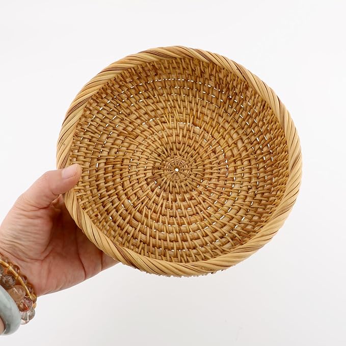 Small 7 Inch Natural Rattan Bread Basket,Handwoven Round Wicker Serving Bowls,Kitchen Wicker Fruit Basket Tray for Kitchen Counter Organizing Entryway Farmhouse Decor(7 Inch)