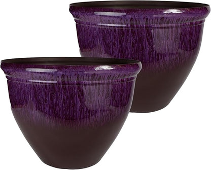 The HC Companies 20 Inch Pizzazz Round Planter Pots with Ceramic Look, Lightweight UV-Resistant Plastic Outdoor Planters, 2-Pack Flower Pots for Garden & Home Decor, Purple Violet