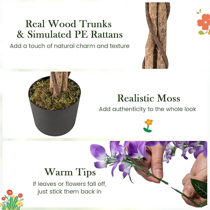 Goplus 5.5FT Ficus Artificial Tree, 2 Pack Faux Wisteria Tree in Nursery Pot with Blooming Flowers, Fake Potted Tree Greenery Floor Plant for Indoor Home Office Porch Living Room Decor
