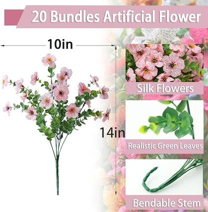 mizii Artificial Flowers for Outdoors 20 Bundles Realistic Faux Silk Flower UV Resistant Fake Plants Outside Decorations for Patio Garden Balcony Yard Porch Summer Indoor Home Decor (Light Pink)