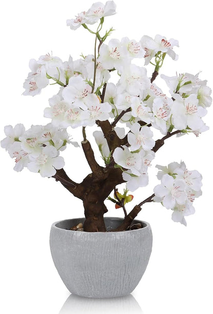 TOARTi Artificial White Cherry Blossom Potted Plant with Stone Pot, 12.6" Fake Flowers Potted Faux Plant Desk Decor, Realistic Decorative Plants Indoor Decor for for Home Bedroom Bathroom Office Desk