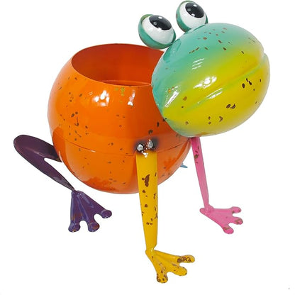 Continental Art Center Inc. 18148 Metal Frog Planter Flower Pot, Orange, Green