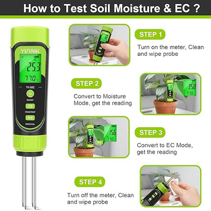 YINMIK Digital Soil Moisture Meter,Direct Soil EC Meter,3 in 1 Soil Hygrometer EC Indoor Plant Soil Moisture Meter for Water,House Plants,Great Hygrometer for Gardeners,Composters,Farmers,Nurseries