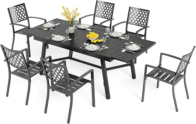 PHI VILLA 7 Pieces Outdoor Dining Set for 6, 84" Long Expandable Wrought Iron Table & Stackable Metal Chairs, Large Furniture Set for Patio, Deck, Yard, Porch - Black
