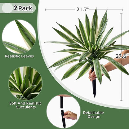 Artificial Agave Plant Fake Agave Planters for Indoor Outdoor Faux Agave Plants Real Touch Realistic Greenery for Home Living Room Office Bathroom Garden Front Porch Patio Decor (19inch-2 Pcs White)