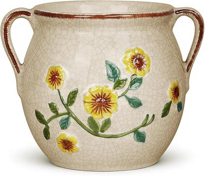 BUYMAX 6 Inch Vintage Ceramic Flower Pot with Relief Design & Handles, Indoor Plant Planter with Drainage Hole, Home Garden Decor for Living Room, Gift Ideas